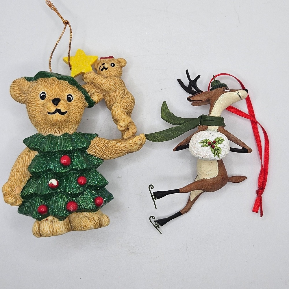 Vintage Clare's 1997 Christmas Bear Ornament Tree Costume + Skating Reindeer Lot